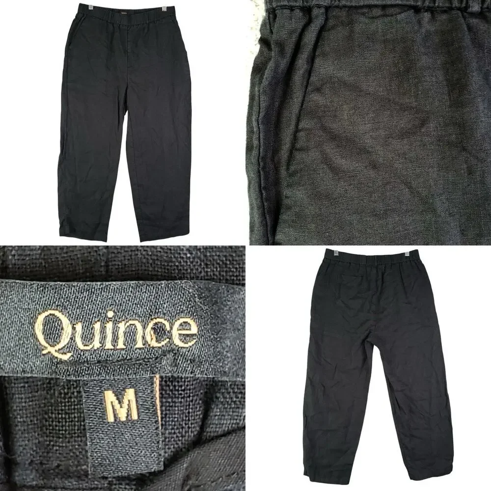 Quince Pants European Linen Women’s Size Medium Black Pockets Crop Quiet Luxury